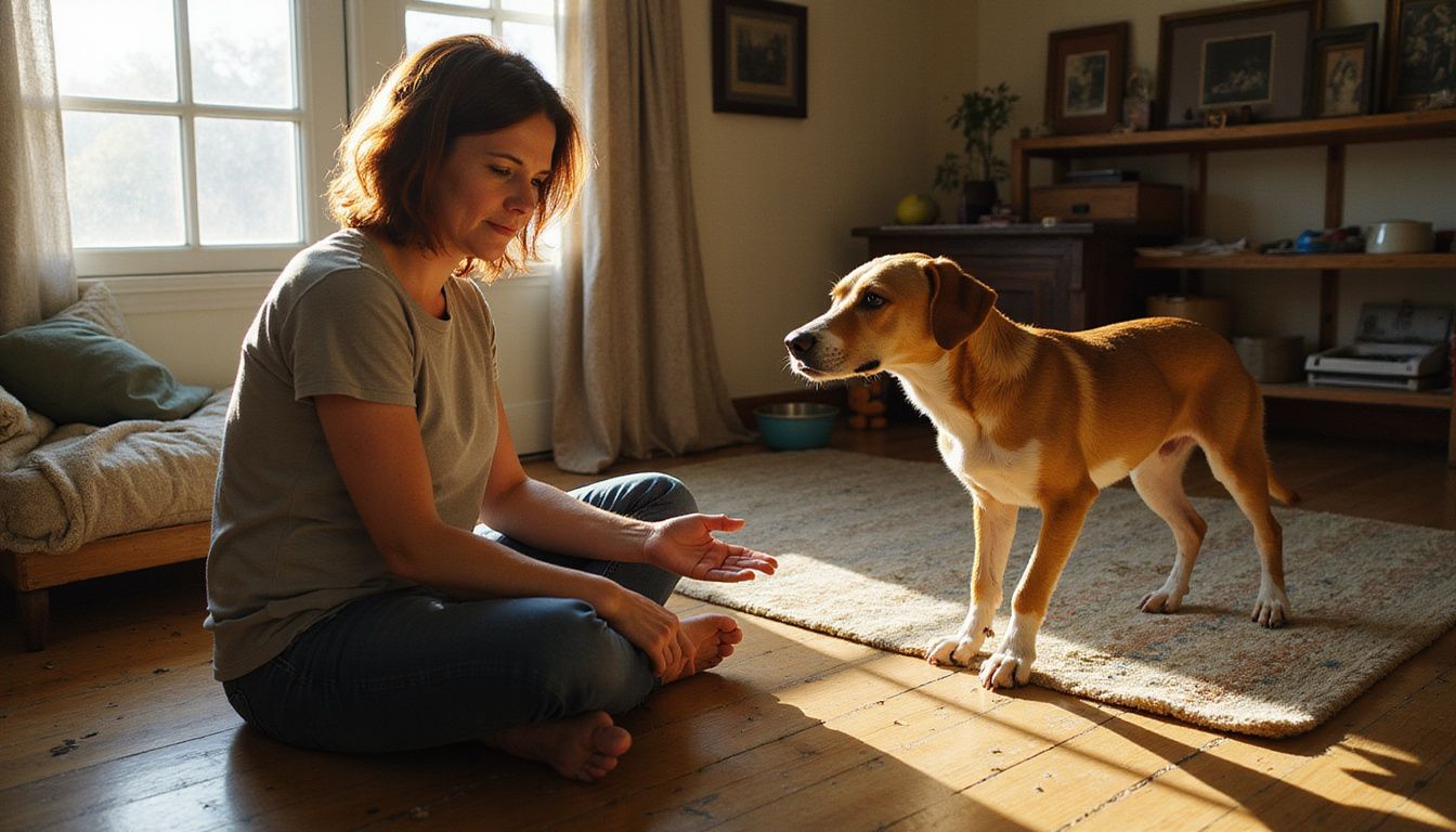 A middle-aged woman sits cross-legged on the floor, connecting with a cautious rescue dog in their cozy living room. A middle-aged woman sits cross-legged on the floor, connecting with a cautious rescue dog in their cozy living room.