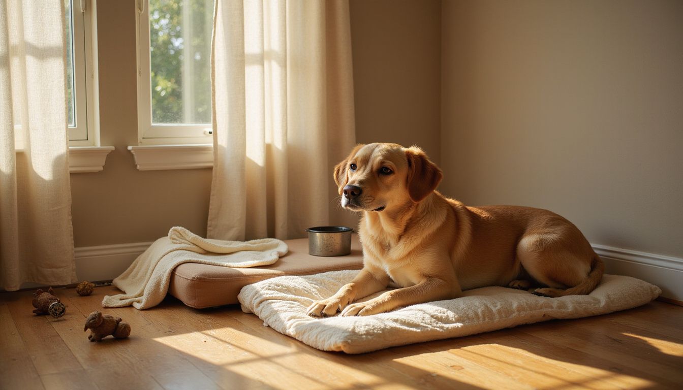 A rescue dog relaxes on a quilted blanket in a cozy bedroom, surrounded by toys and an orthopedic bed. A rescue dog relaxes on a quilted blanket in a cozy bedroom, surrounded by toys and an orthopedic bed.