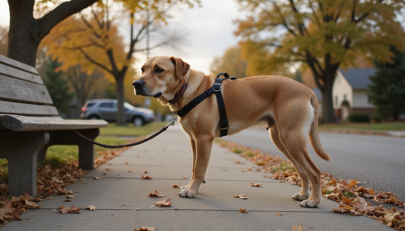 A mixed-breed rescue dog with a cautious demeanor explores a suburban sidewalk near a weathered park bench and autumn leaves. A mixed-breed rescue dog with a cautious demeanor explores a suburban sidewalk near a weathered park bench and autumn leaves.
