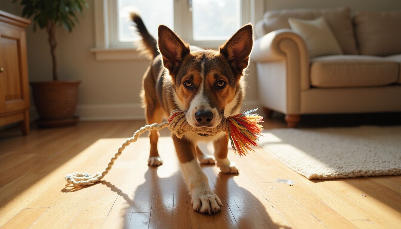 A mixed-breed rescue dog gently holds a frayed rope toy, exuding emerging confidence in a cozy living room. A mixed-breed rescue dog gently holds a frayed rope toy, exuding emerging confidence in a cozy living room.