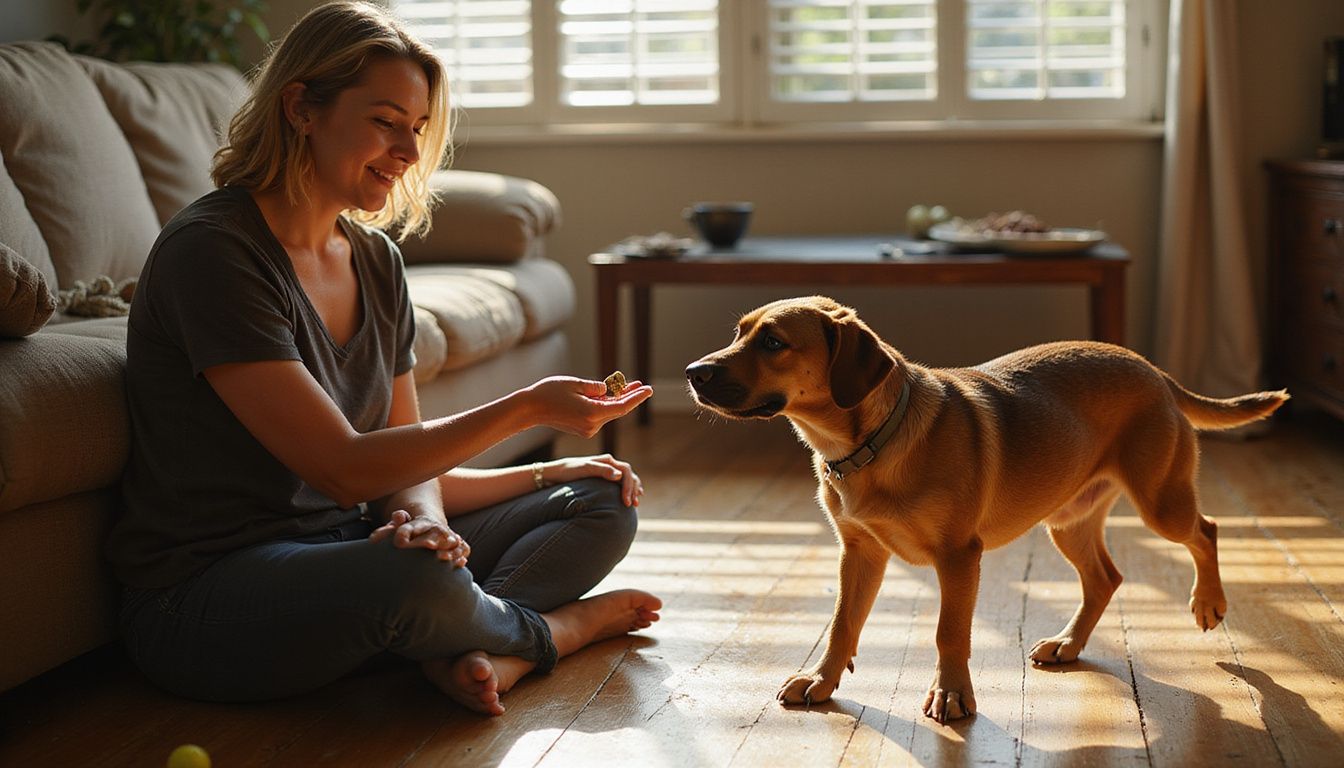 A woman calmly interacts with a cautious mixed-breed rescue dog, offering it a small training treat. A woman calmly interacts with a cautious mixed-breed rescue dog, offering it a small training treat.