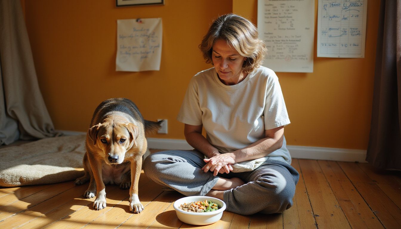 A middle-aged woman sits on worn hardwood flooring, gently feeding a cautious dog while reviewing veterinary documents. A middle-aged woman sits on worn hardwood flooring, gently feeding a cautious dog while reviewing veterinary documents.