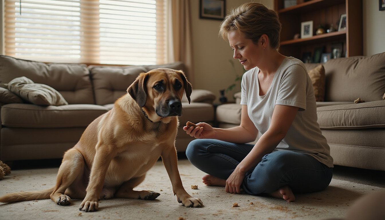 A cautious mixed-breed dog sits on a worn carpet while a woman gently offers it a treat. A cautious mixed-breed dog sits on a worn carpet while a woman gently offers it a treat.