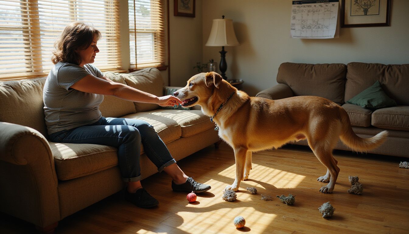 A woman reaches out to a stressed rescue dog in a cluttered living room, highlighting their contrasting emotional states. A woman reaches out to a stressed rescue dog in a cluttered living room, highlighting their contrasting emotional states.