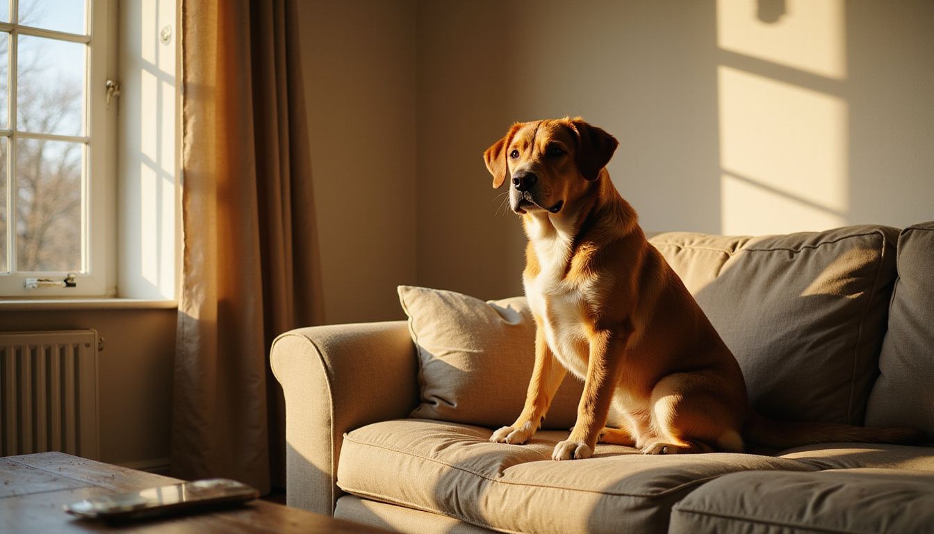 A relaxed rescue dog sits on a worn couch in a cozy, lived-in living room. A relaxed rescue dog sits on a worn couch in a cozy, lived-in living room.