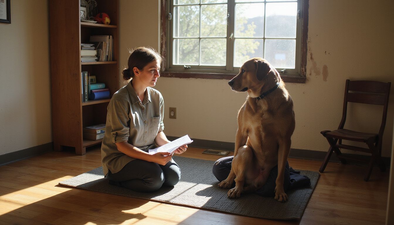 A compassionate woman conducts a behavioral assessment with an anxious rescue dog in a modest consultation room. A compassionate woman conducts a behavioral assessment with an anxious rescue dog in a modest consultation room.