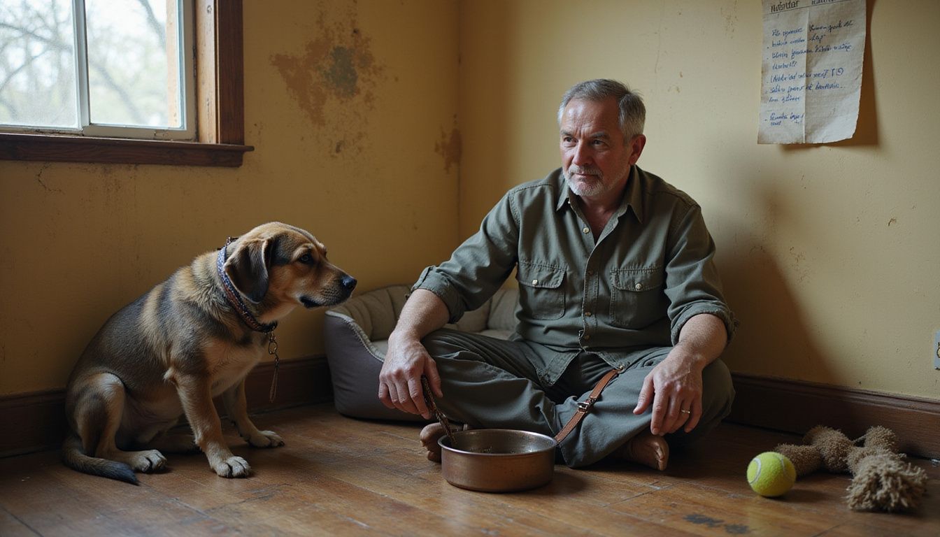A middle-aged man sits cross-legged with his rescue dog in a modest, lived-in living room, reflecting a quiet bond. A middle-aged man sits cross-legged with his rescue dog in a modest, lived-in living room, reflecting a quiet bond.