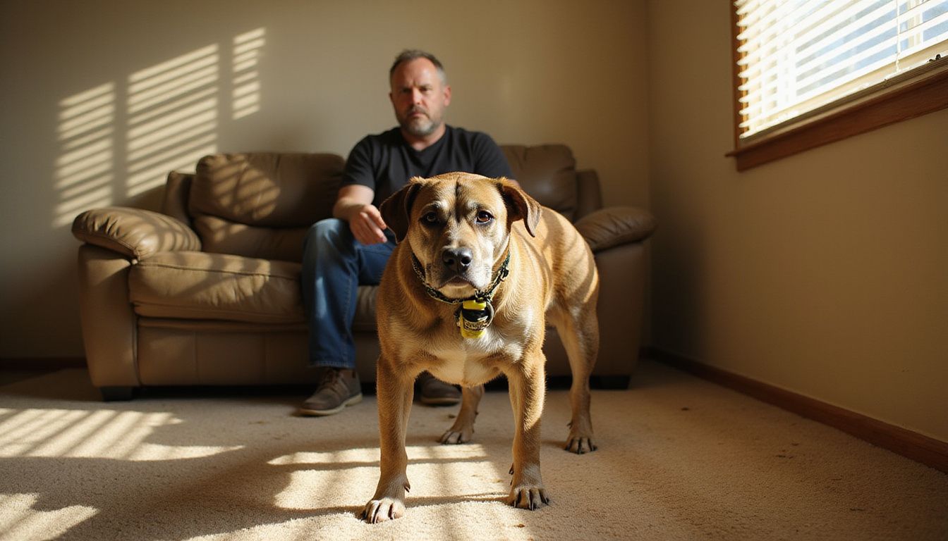 A worried man and anxious dog share a tense moment indoors.