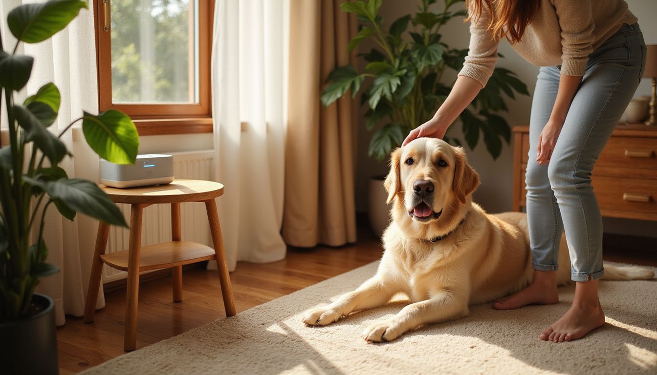 A golden retriever relaxes in a cozy living room setting.