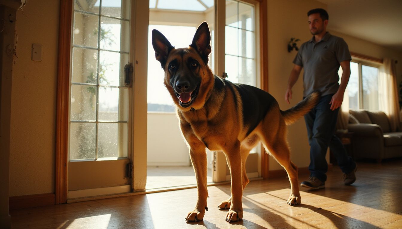 A German Shepherd stands alert at a glass front door.