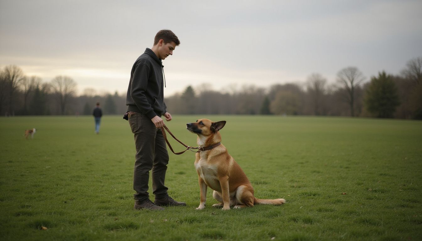 A young adult stands calmly with an attentive mixed-breed dog.