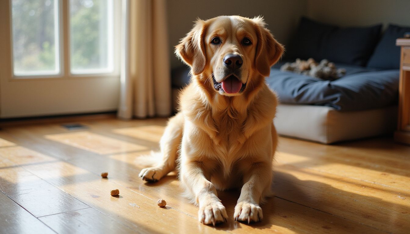 A golden retriever sits alert on a hardwood floor, awaiting training treats.