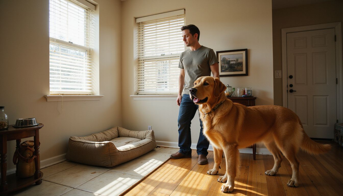 A man relaxes beside his golden retriever in a cozy living room, showcasing their quiet companionship.
