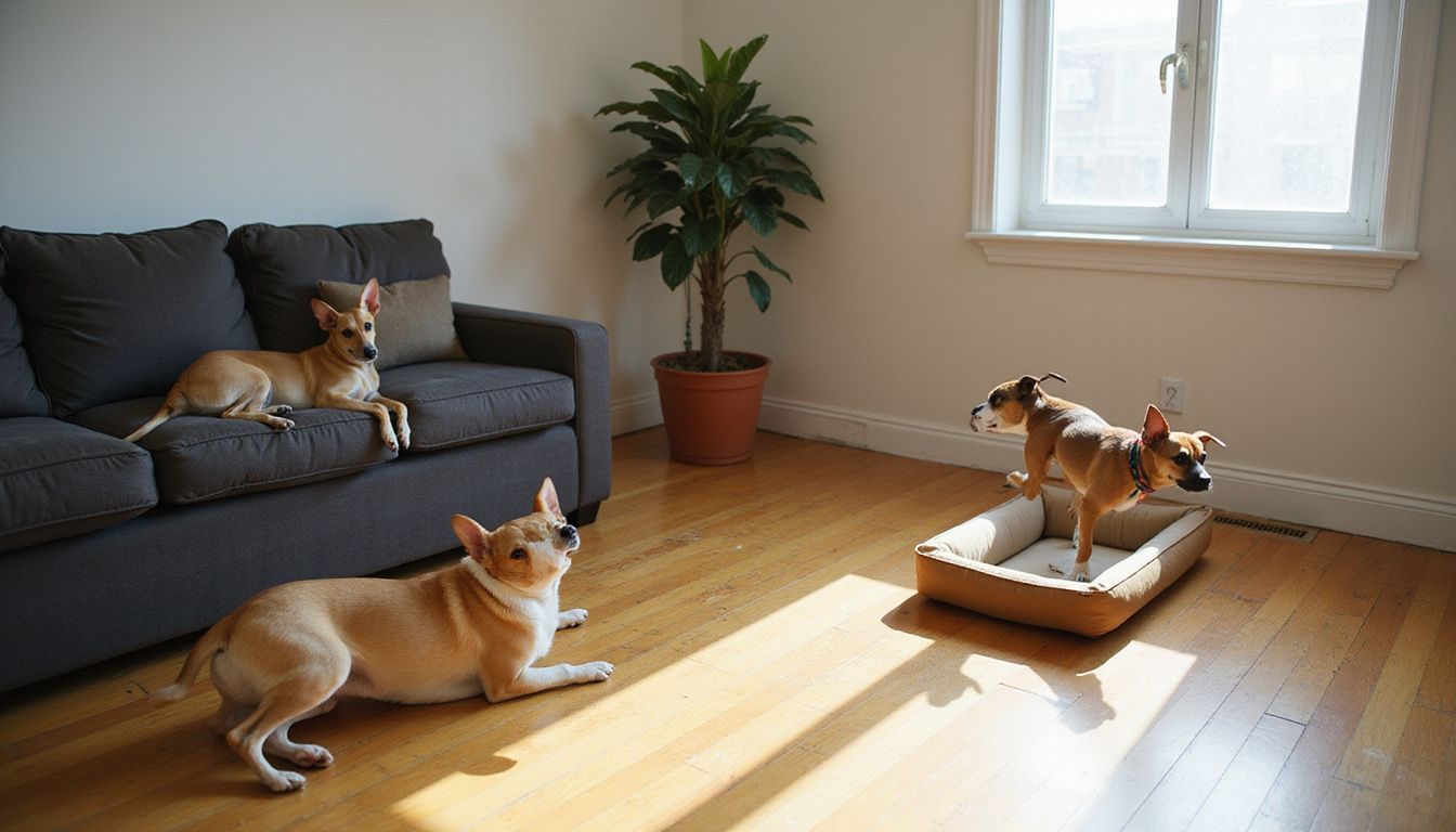 A cozy living room features three dogs interacting in a warm, inviting space with plants and a comfortable sofa.