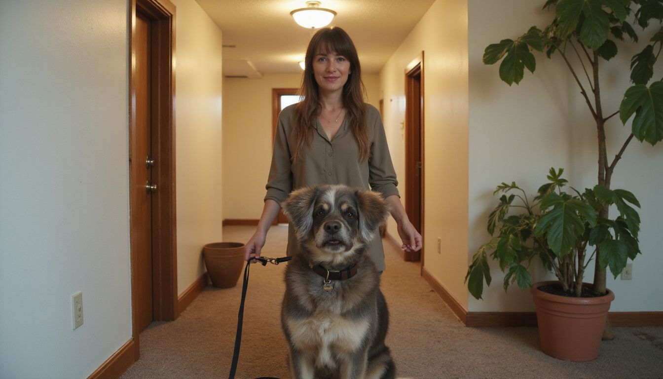 A woman with a serene expression stands in a hallway, holding a leash attached to a content dog.