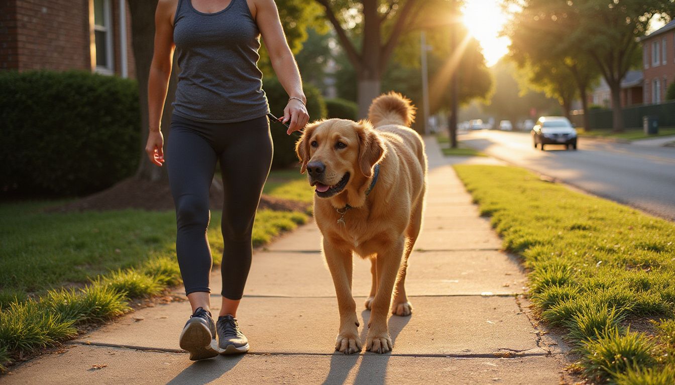 A middle-aged woman walks her energetic golden retriever down a weathered residential street, showcasing everyday life.