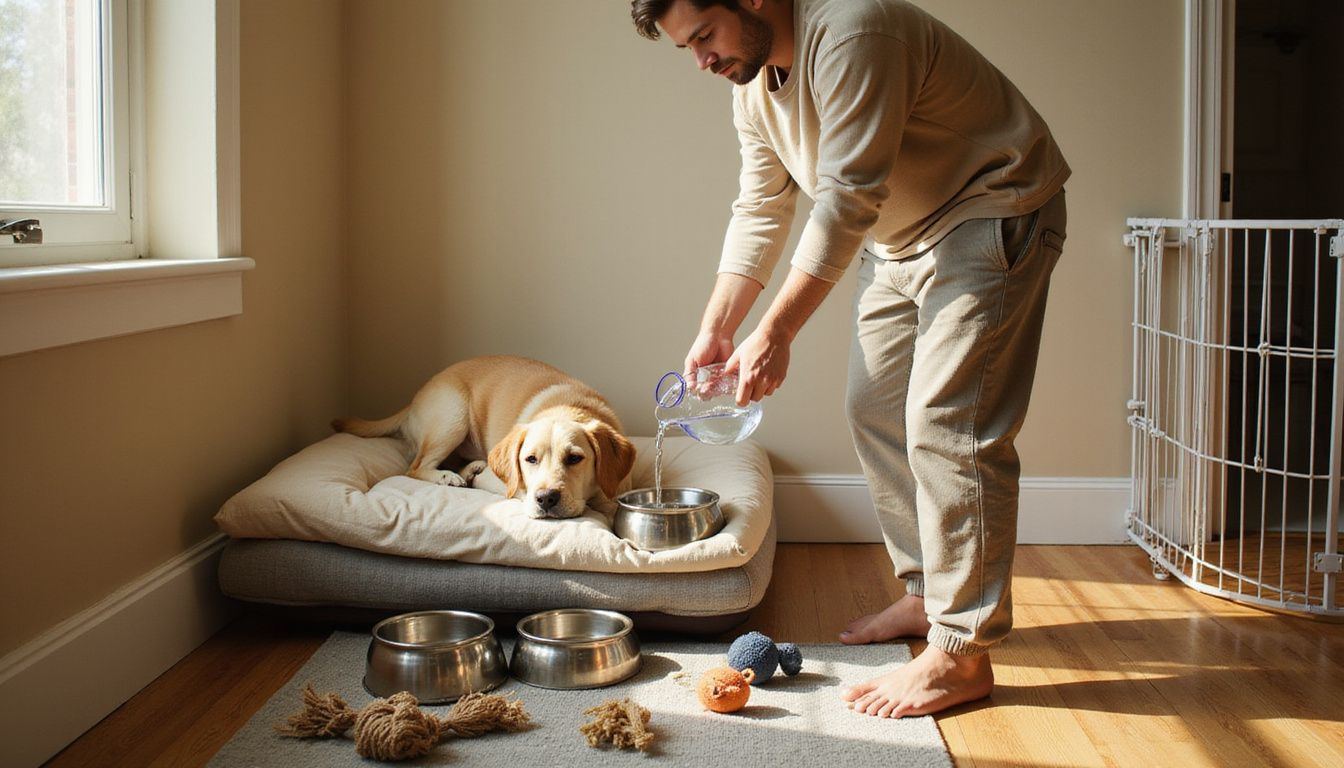A young adult fills a dog's water bowl in a cozy, lived-in apartment with various pet supplies nearby.