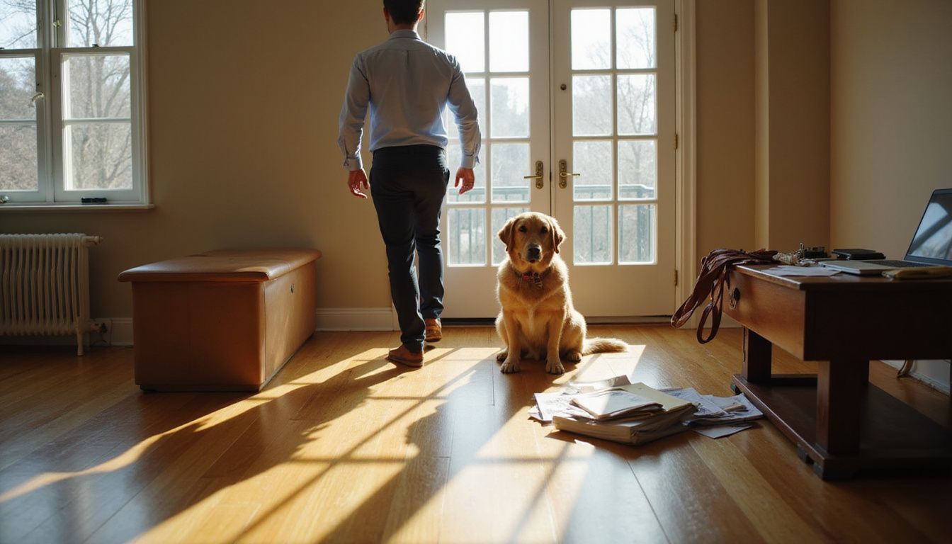 A man hurries through a doorway, leaving his sad golden retriever behind in an empty apartment.