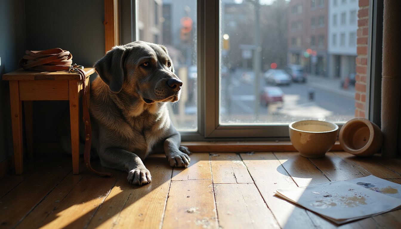 An aging dog sits quietly by a window in a minimalist apartment, reflecting solitude and the passage of time.