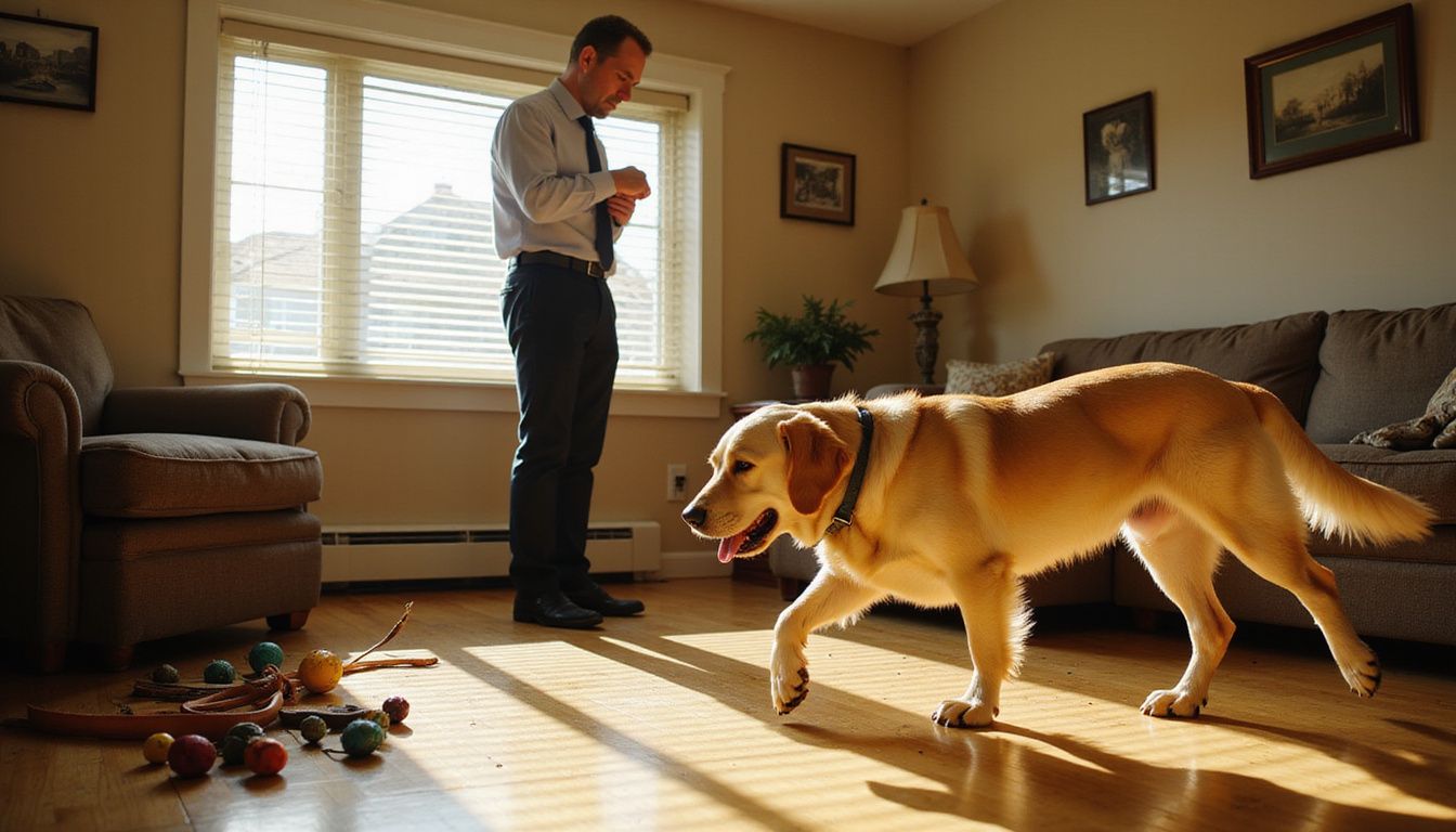 A tense man studies his watch as his anxious golden retriever paces nearby in a cozy living room.