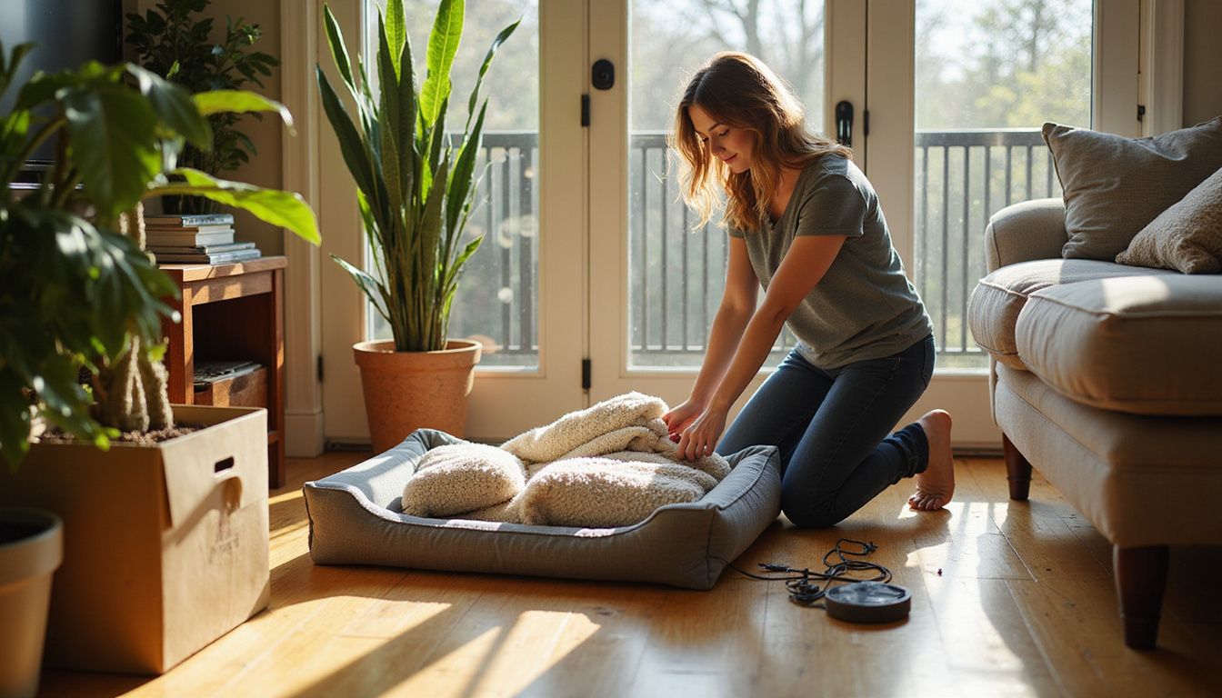 A woman is focused on organizing a pet bed and cables in a cozy, lived-in living room.