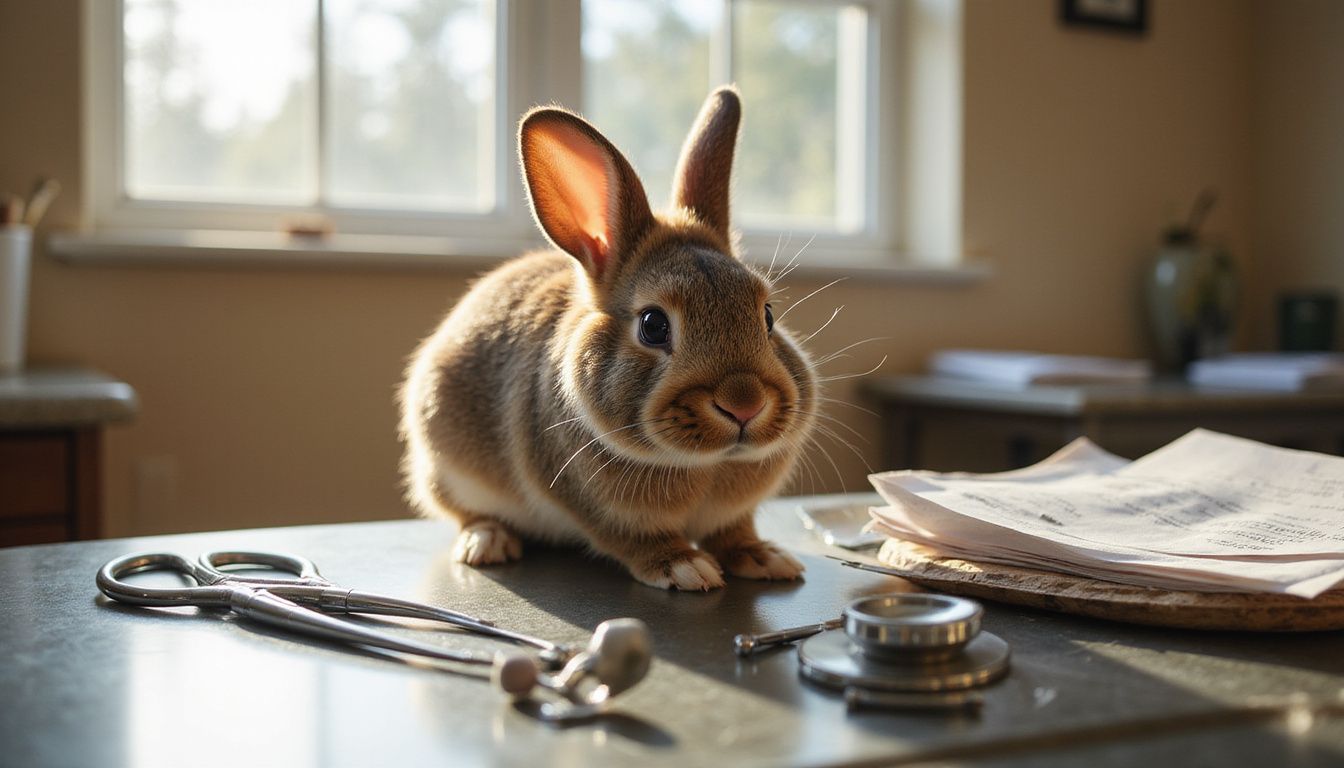 A nervous rabbit trembles on a stainless steel table at a veterinary clinic, surrounded by medical instruments and paperwork.