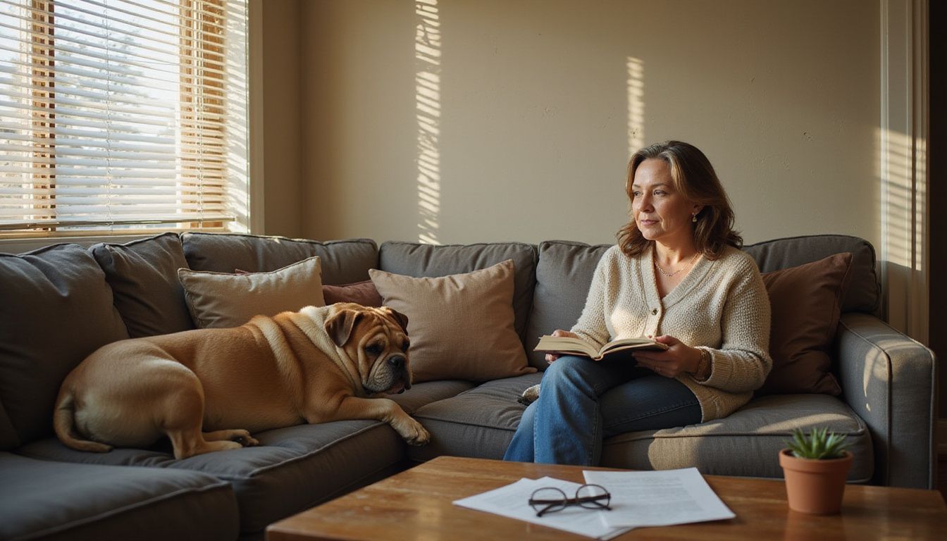 A relaxed English Bulldog lies on a couch beside a woman reading a book in a cozy, lived-in living room.