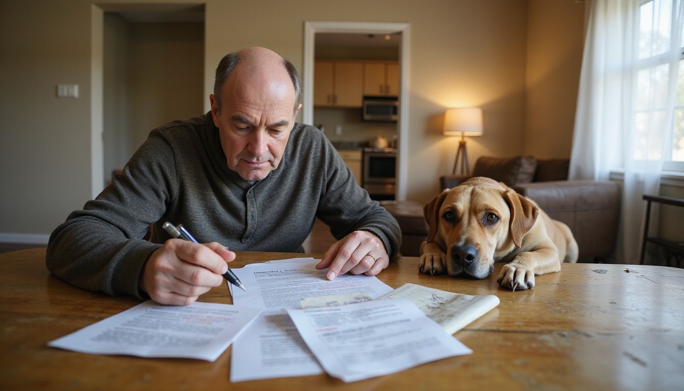 A middle-aged person intensely reviews a lease agreement at a worn table, attended by a calm mixed-breed dog.