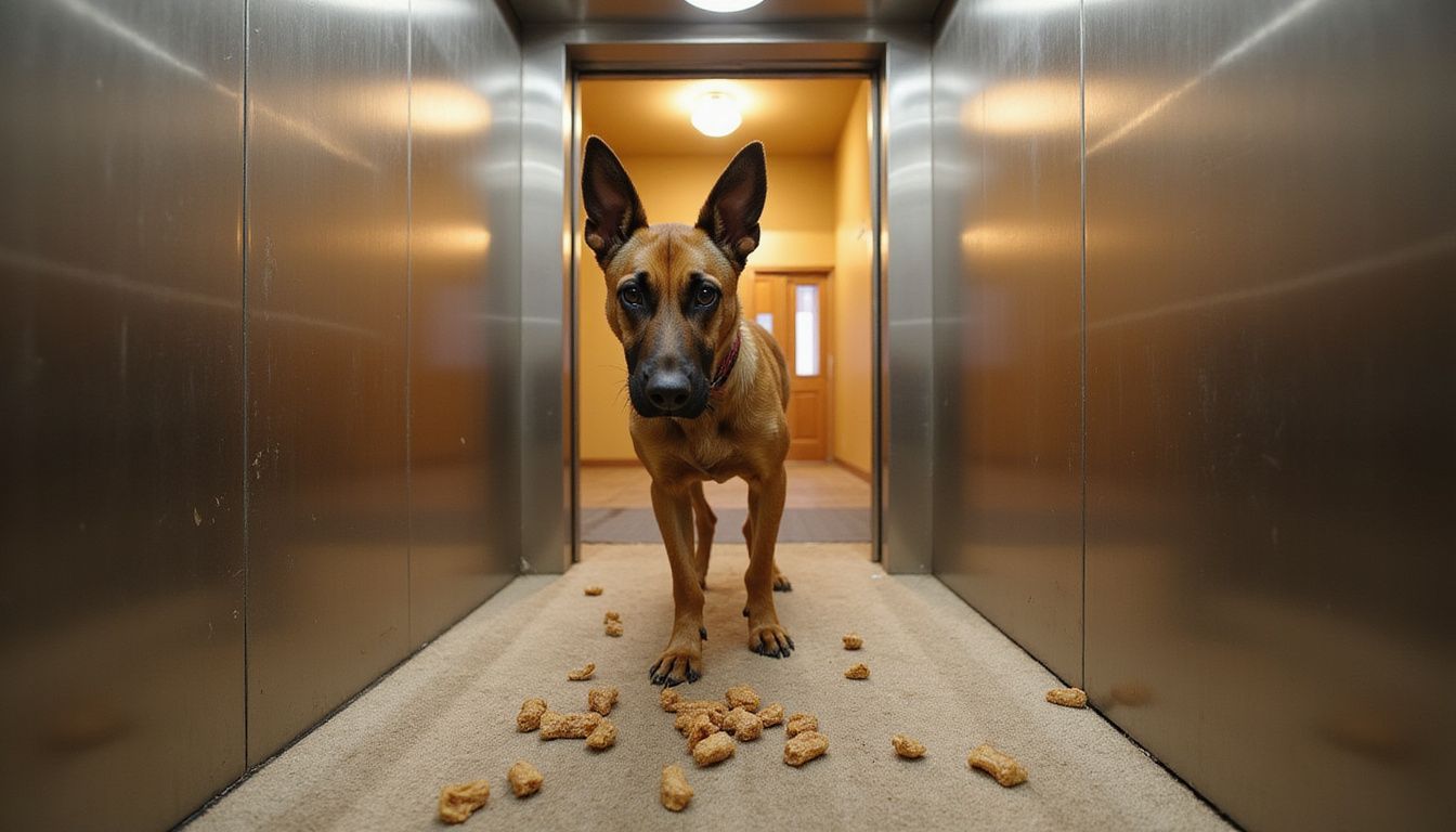 A mixed-breed dog stands cautiously in an elevator, sniffing scattered treats on the carpet.
