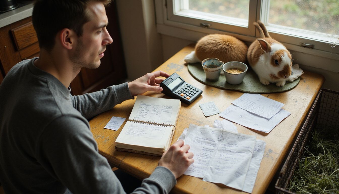 A man reviews pet-related expenses at a worn kitchen table while his rabbit rests nearby in its enclosure.