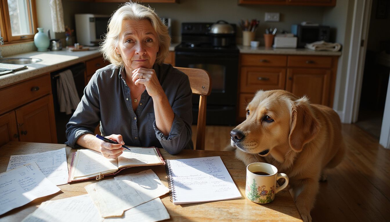 A concerned middle-aged woman reviews pet care documents at a kitchen table, while a golden retriever gazes at her.