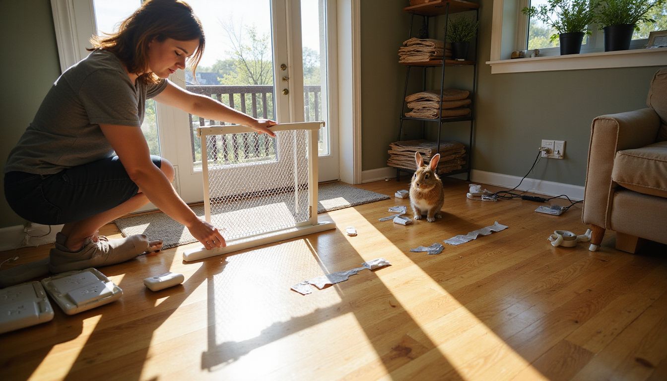 A person crouches in a lived-in living room, assembling a safety gate amidst pet-proofing materials and scattered toys.