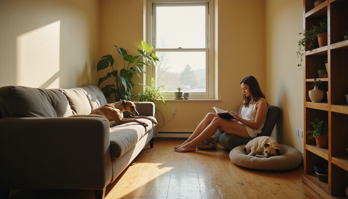 A relaxed woman reads on a couch, accompanied by a greyhound and a sleeping French bulldog in a cozy apartment.