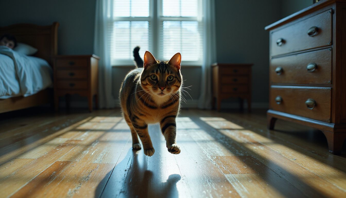 A tabby cat sprints across hardwood flooring toward a bedroom door, while a figure lies motionless on the bed.