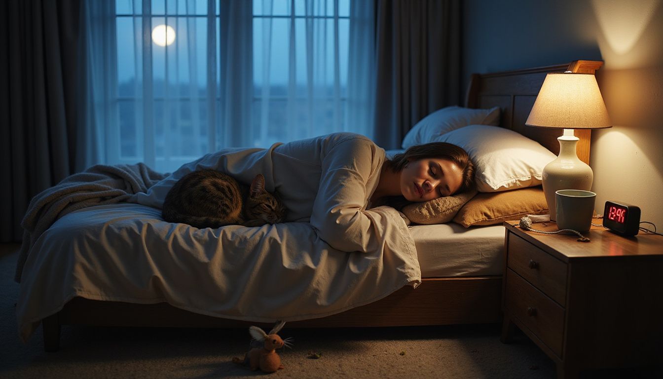 A serene bedroom scene features an adult asleep under rumpled bedding, accompanied by a curled-up tabby cat.