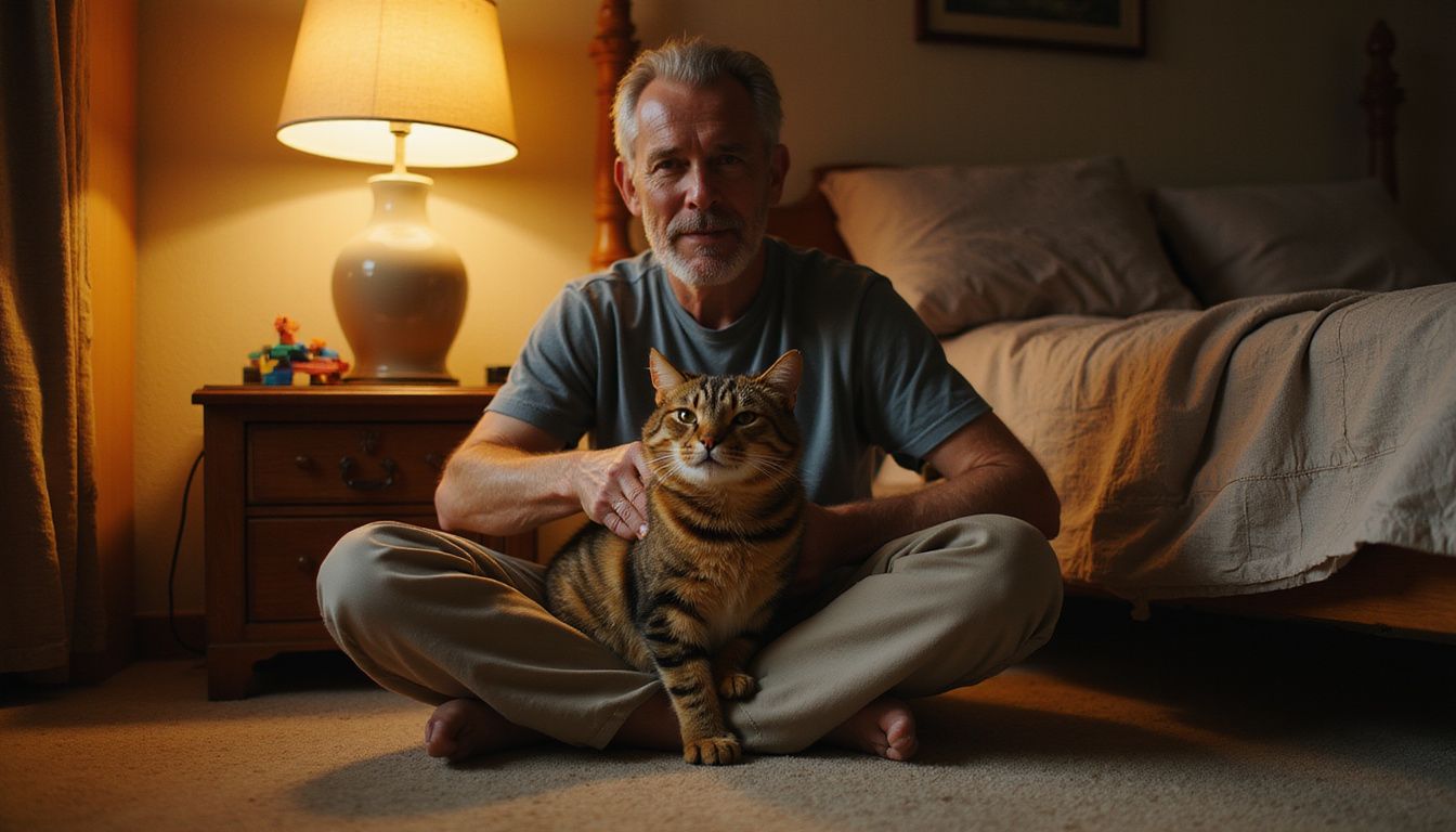 A middle-aged person gently pets a relaxed tabby cat in a cozy, modest bedroom during evening time.