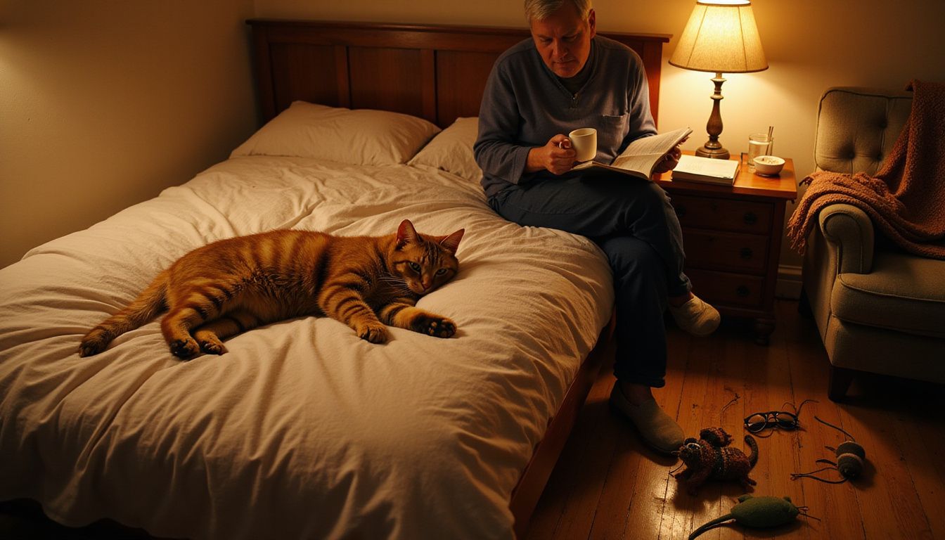 A tired tabby cat sprawls on rumpled bedding while a weary person reads and sips chamomile tea nearby.