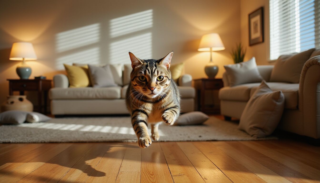 A tabby cat mid-leap showcases its athleticism in a playful, dynamic pounce through a contemporary living room.