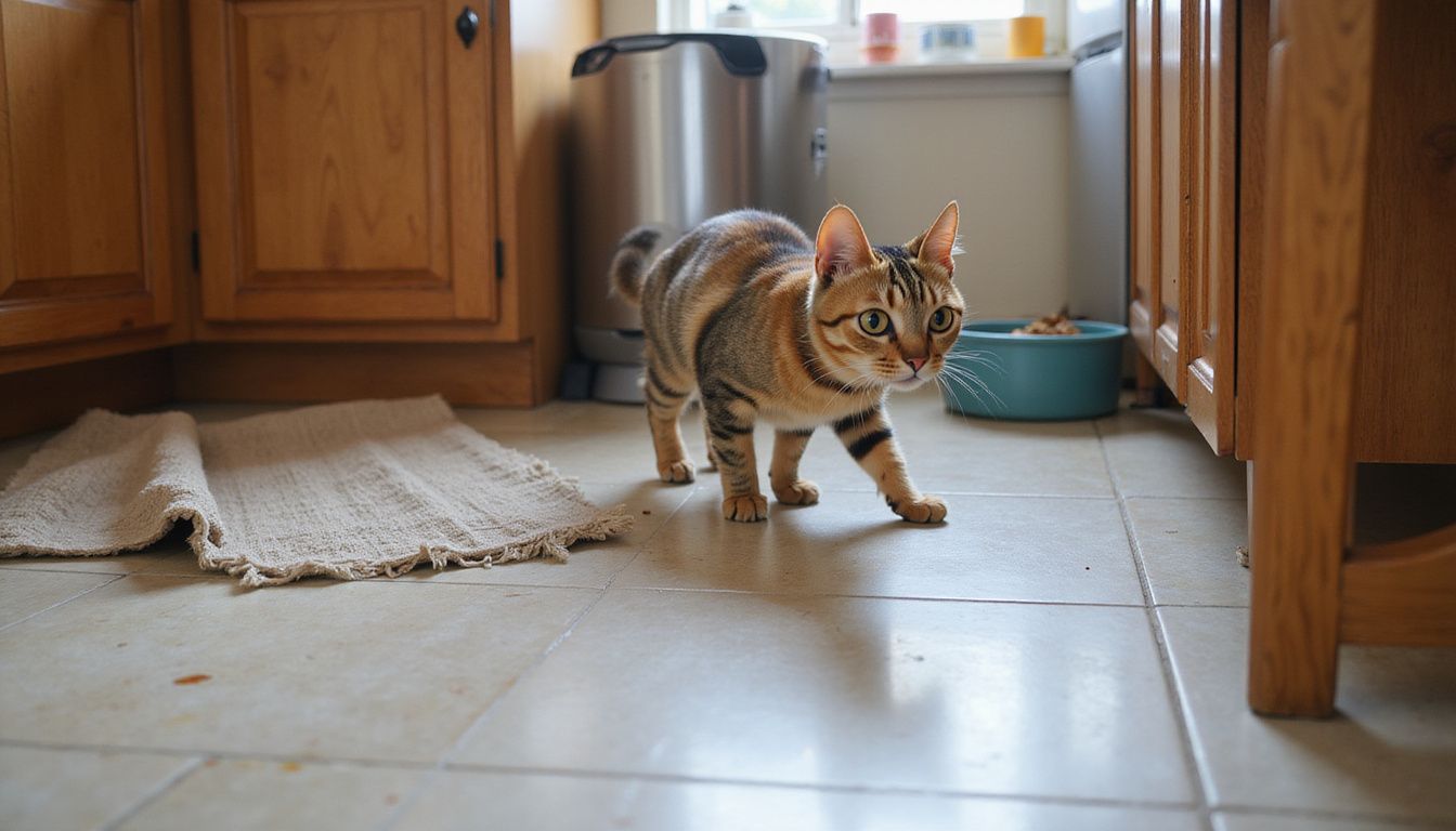 A focused tabby cat paces on a kitchen floor near a food bowl and an automatic feeder.