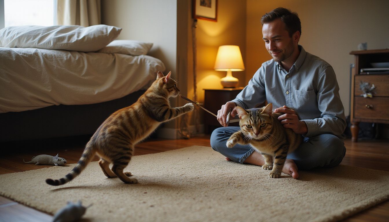 A man playfully engages with his energetic tabby cat using a feather wand toy in a cozy bedroom setting.