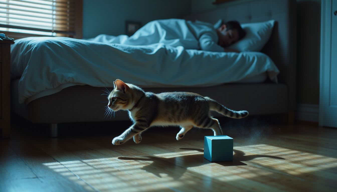 A tabby cat sprints energetically across a hardwood floor, leaping over a toy block in a dimly lit bedroom.