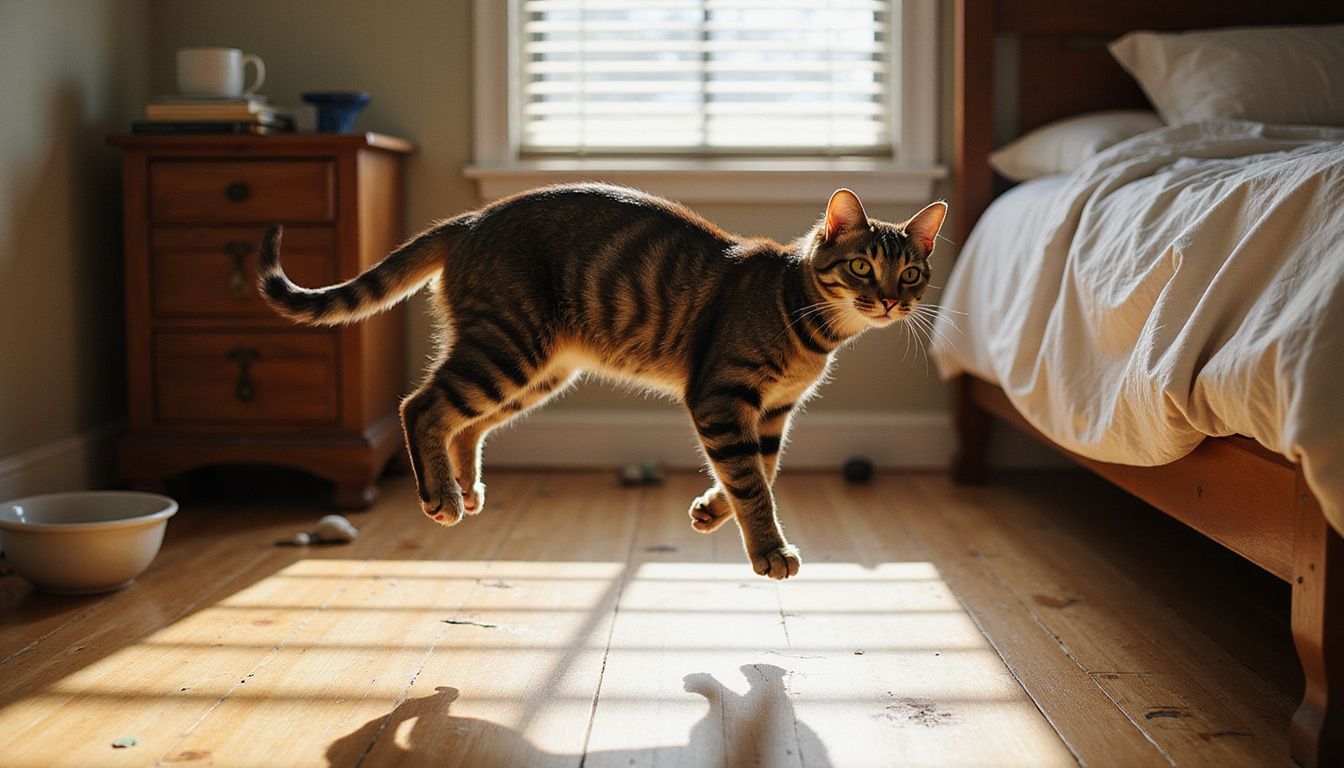 A tabby cat leaps across a messy bedroom, showcasing its muscular form and focused expression amidst scattered toys and clutter.