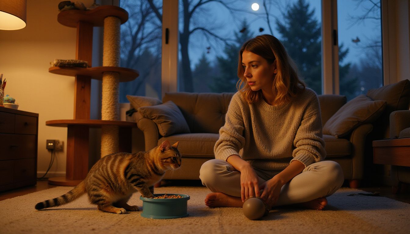 A tabby cat engages with a puzzle feeder while a woman observes beside it on a carpeted living room floor.