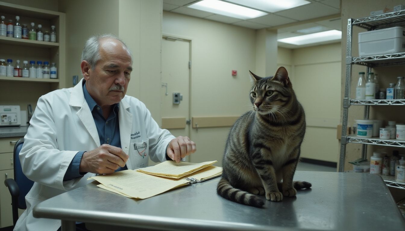 A weary veterinarian assesses a distressed senior tabby cat in a cluttered veterinary examination room.