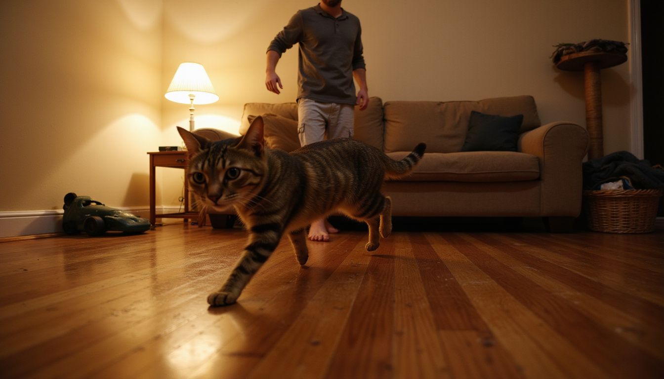 A brown tabby cat sprints energetically across a cluttered living room, while a confused young adult watches.