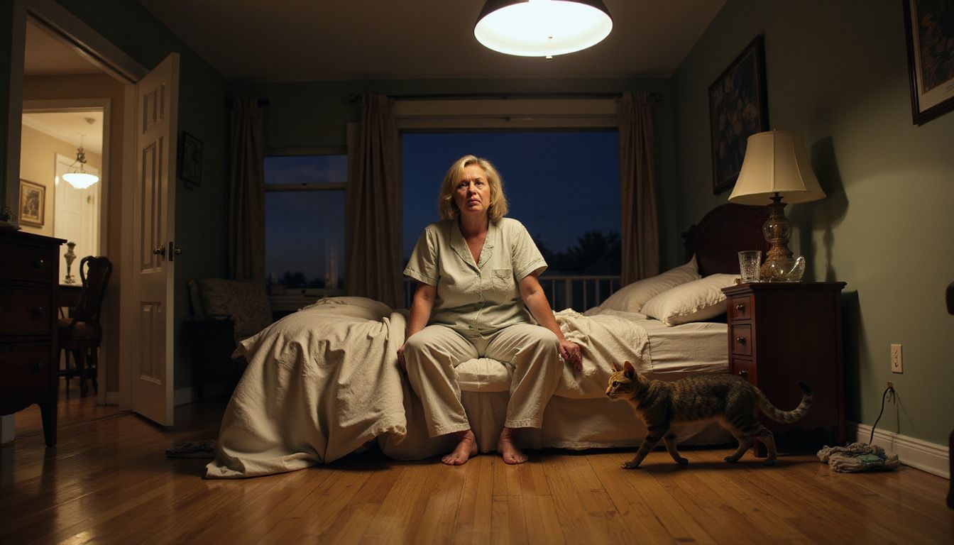 A tired middle-aged woman sits on her unmade bed, watching her playful tabby cat dash across the floor.