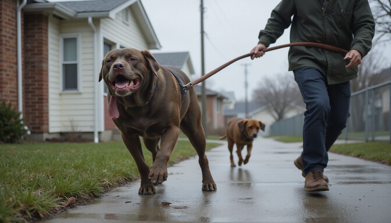 A tense dog strains against a leash while barking at another dog.
