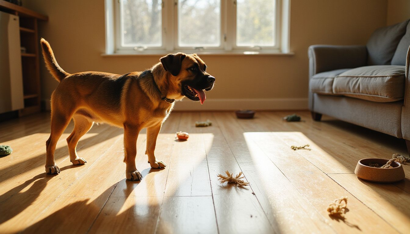 A mixed breed dog barks at an empty couch in a living room.