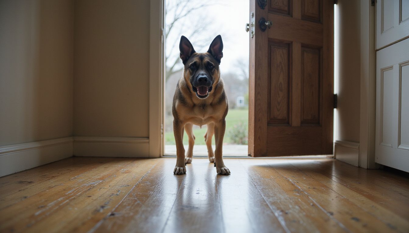 A vigilant dog barks in front of a slightly ajar door.