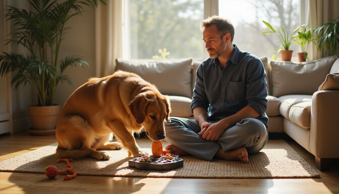 A golden retriever intently plays with a treat-filled puzzle toy.